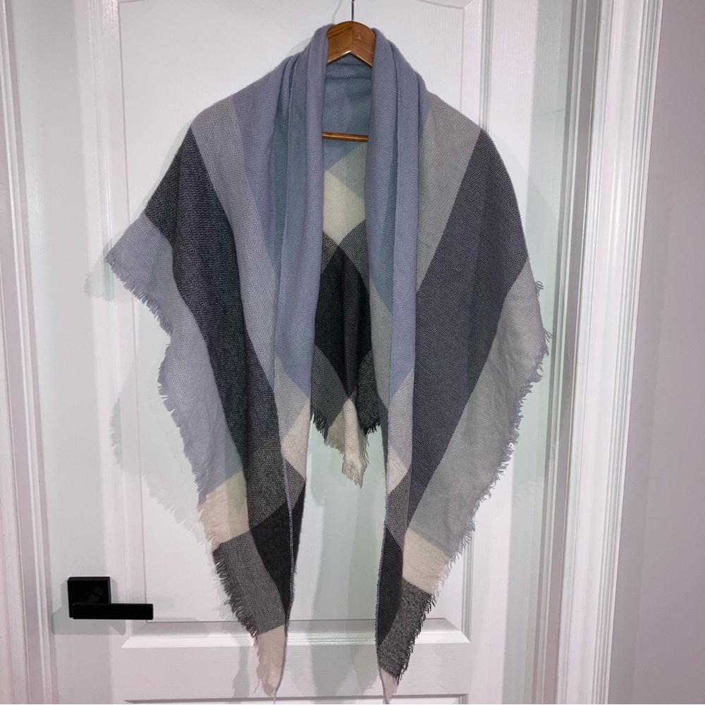 ($2 ADD ON) Oversized Plaid Blue & Grey Shawl Scarf